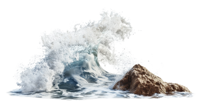 Sea wave hitting rock transparent background
