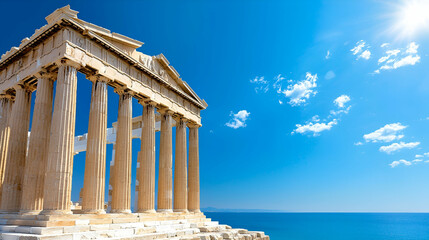 Fototapeta premium The image showcases the Parthenon, a historic temple in Athens, Greece, set against a vibrant blue sky and sea.