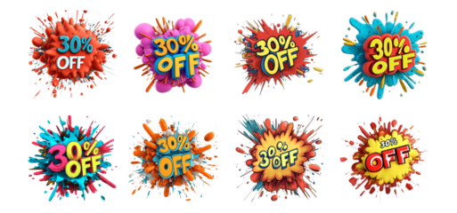 Pack PNG of a vibrant comic-style explosion with bold text 30 OFF set against transparent background