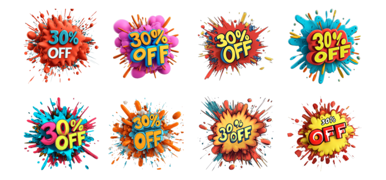 Pack PNG of a vibrant comic-style explosion with bold text 30 OFF set against transparent background