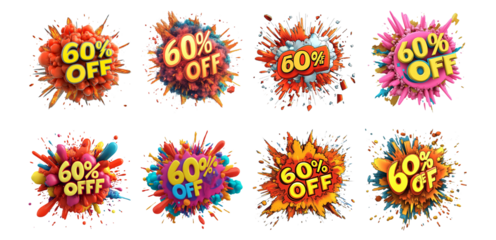Pack PNG of a vibrant comic-style explosion with bold text 60 OFF set against transparent background