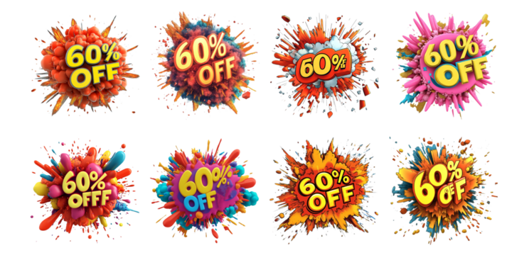 Pack PNG of a vibrant comic-style explosion with bold text 60 OFF set against transparent background