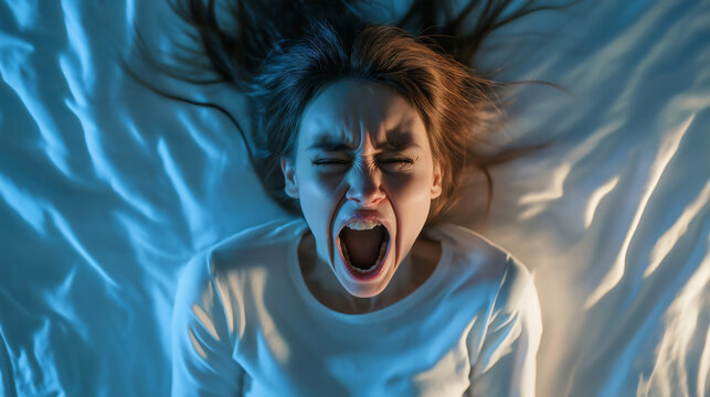 Sleepless woman bedroom insomnia, stressed female night headache pillow, tired person lying frustrated expression, scared frightened emotion, troubled sleep disturbance
