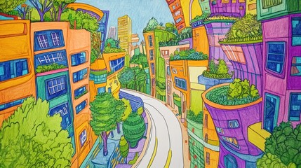 Naklejka premium Vibrant, futuristic city illustration with winding road, lush greenery on buildings, and colorful architecture.