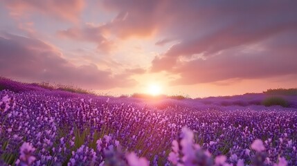A dreamy lavender field in full bloom, stretching out under a soft, pastel-colored sky at sunset