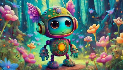 oil painting style cartoon character illustration multicolored Little robot outdoors in forest