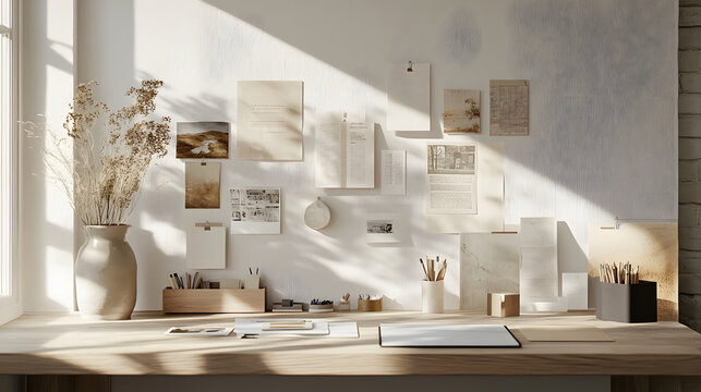 Well-lit desk with mood board of blanks, notes and photos. Minimalist creative workspace template