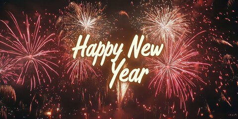 A brilliant display of fireworks lighting up the night sky, with the words "Happy New Year" written in glowing gold text across the top.