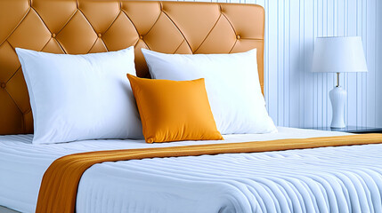 A stylish bedroom featuring a tufted orange headboard, white linens, and decorative pillows, creating a cozy and modern atmosphere.