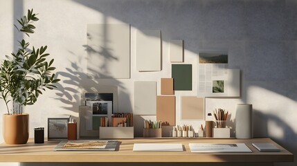 Bright workspace with mood board mockup template for notes, blanks and photos. Clean modern decor and wooden desk enhance creative vibe for artistic endeavors