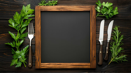A rustic wooden frame surrounds a blank chalkboard, complemented by fresh herbs, a fork, and knives, creating a culinary-themed setup.