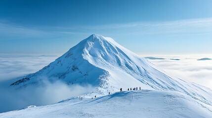 A snow-covered mountain peak with climbers ascending the steep slope, surrounded by clouds and a clear blue sky