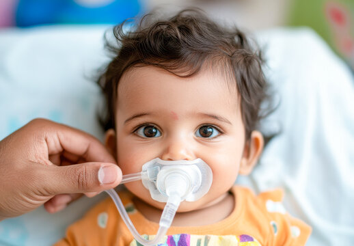 Cute Asian toddler receiving oxygen therapy in a hospital room, with the doctor's hand holding a nose mask