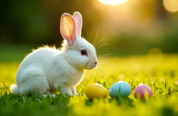 Obraz premium White Easter bunny collects eggs on the green grass.