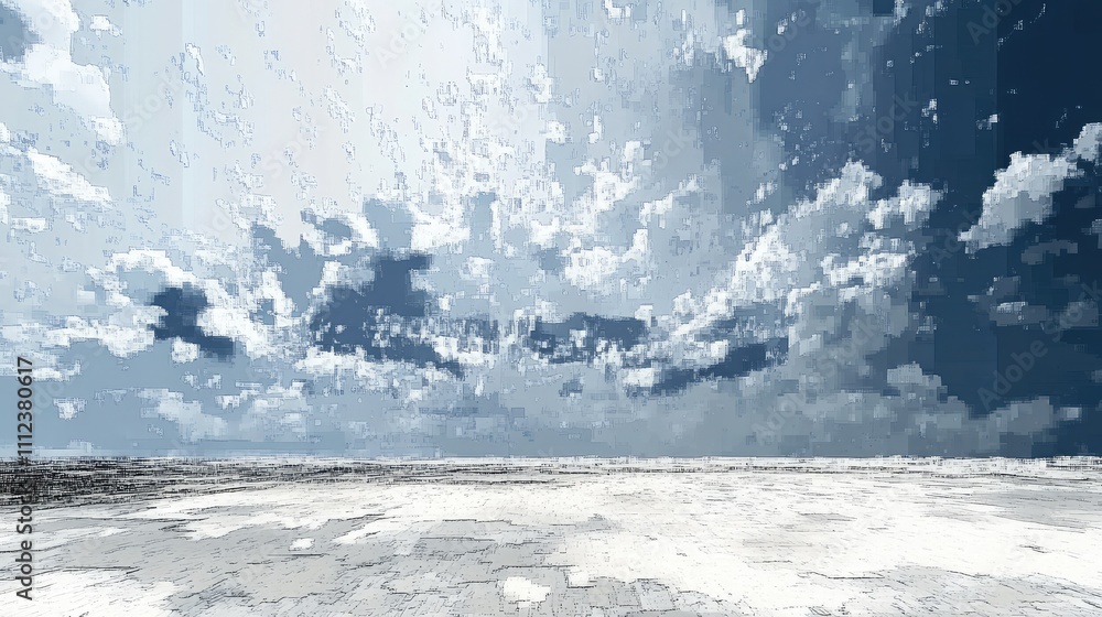 Poster a pixelized abstract landscape of a vast plain under a cloudy sky, with pixel clouds drifting in a l