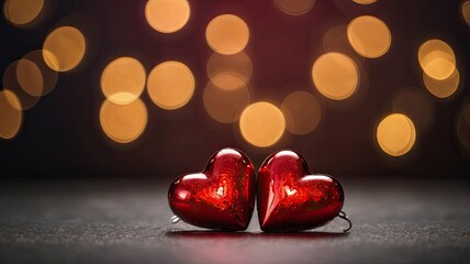 Two red Valentines hearts over defocused holiday lights. Valentine&rsquo;s day greeting