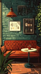 Cozy Coffee Shop Interior With Orange Sofa And Plants