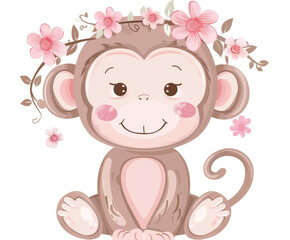 Fototapeta premium Cute little monkey sitting with flowers. Cartoon illustration