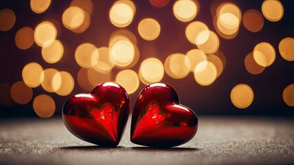 Two red Valentines hearts over defocused holiday lights. Valentine&rsquo;s day greeting
