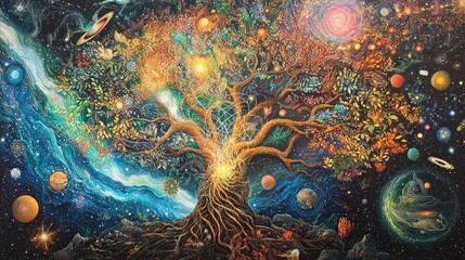 Vibrant cosmic tree of life painting with planets, stars, and galaxies.