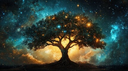 Luminous tree of life glowing in a vibrant nebula.