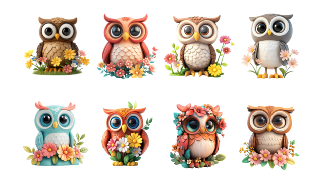 Pack PNG of an owl surrounded by flowers in a minimalist cartoon style against transparent background set