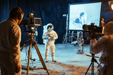 The moon landing shown as a hoax, astronauts in a TV studio, cameras filming the fake event, eerie lighting and suspicious onlookers.