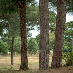 Fototapeta premium Serene Pine Forest Landscape with Tall Trees and Grassy Meadow