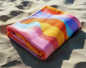 Vibrant beach towel on sandy shore.