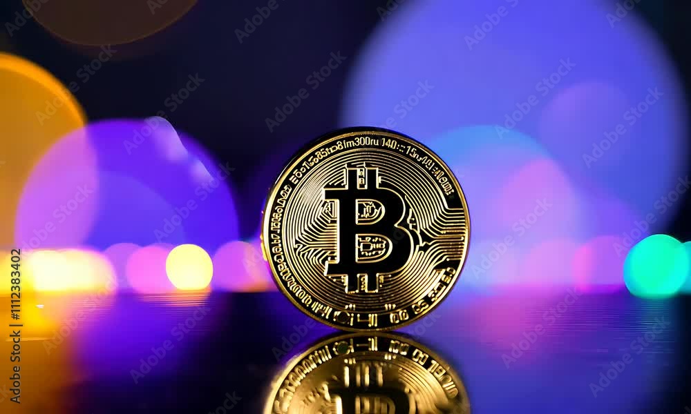 Poster bitcoin coin close-up with colorful bokeh lights