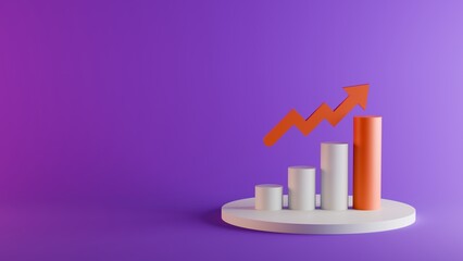 A minimalist design of bar graph and arrow icon on a round table for business presentation. All placed against a plain background. 3D rendering.