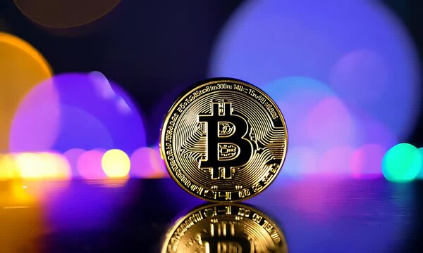 Bitcoin Coin Close-up with Colorful Bokeh Lights
