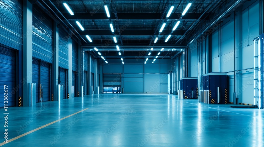 Poster a high-resolution image of a modern warehouse with a bold blue-and-white design and a series of func