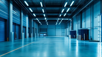 Obraz premium A high-resolution image of a modern warehouse with a bold blue-and-white design and a series of functional loading bays