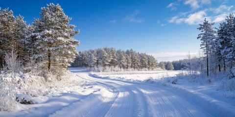 Obraz premium A beautiful winter scene captures a snow-covered road winding through a forest. The bright blue sky contrasts with the white snow. Perfect for travel and nature themes. AI