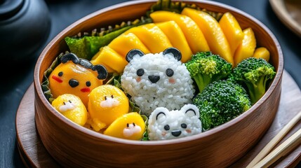 Whimsical Homemade Bento Box with Adorable Animal-shaped Rice and Colorful Seaweed Decorations, Steamed Broccoli, and Fresh Mango Slices