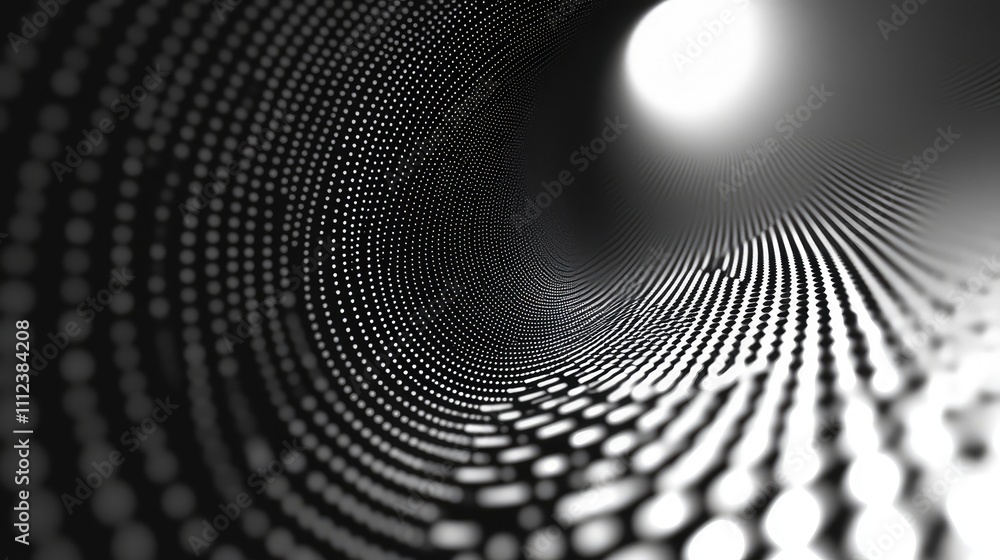 Poster a series of concentric circles made of small pixel dots, transitioning from black to white to create