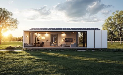 Sustainable living in modern home with solar energy, open doorway to cozy interior and sunny terrace for relaxation. Bright sunlight over lush green lawn enhances eco-friendly lifestyle.