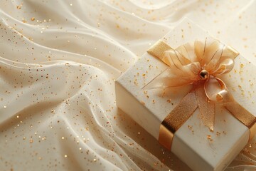 Delicate gift box with golden ribbon on glitter fabric
