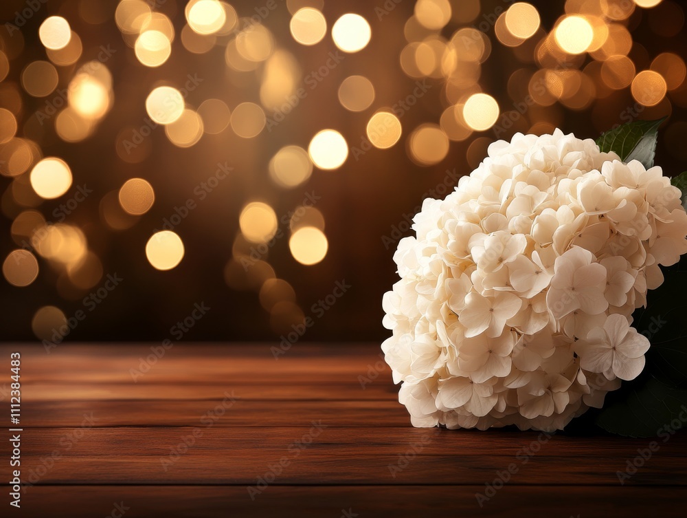 Leinwandbilder a delicate white hydrangea bloom rests on a wooden surface, illuminated by a soft golden bokeh backg