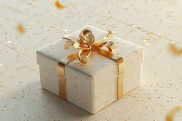 Golden ribboned gift box on sparkling white tiles
