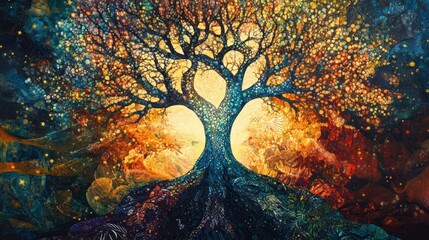 Vibrant, colorful tree of life painting with roots and branches glowing.