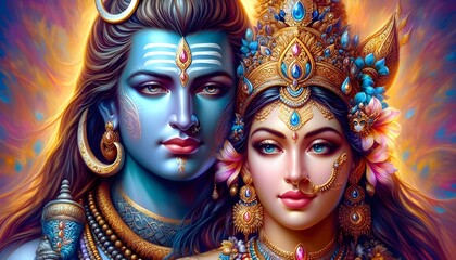 Obraz premium Ethereal Couple Shiva and Parvati in a Radiant Colors of Serenity and Detail