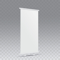 Isolated vertical scroll banner on white background facing right. Vector blank display mockup for product presentation or exhibition