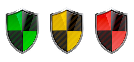 3D render of green orange and red protection shields on transparent background