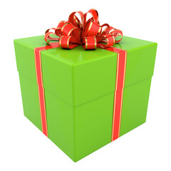 3D illustration of green gift box with red ribbon