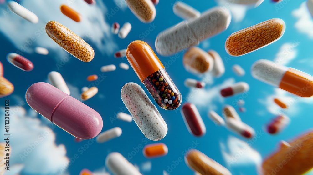 Poster a dynamic array of colorful capsules and pills floating against a bright blue sky, creating a vibran