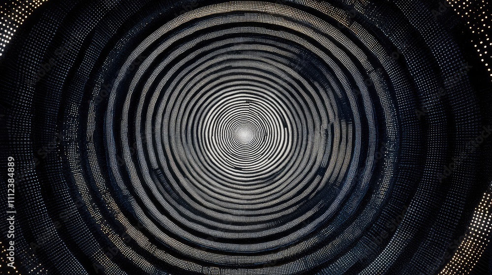 Poster a series of concentric circles made of small pixel dots, transitioning from black to white to create