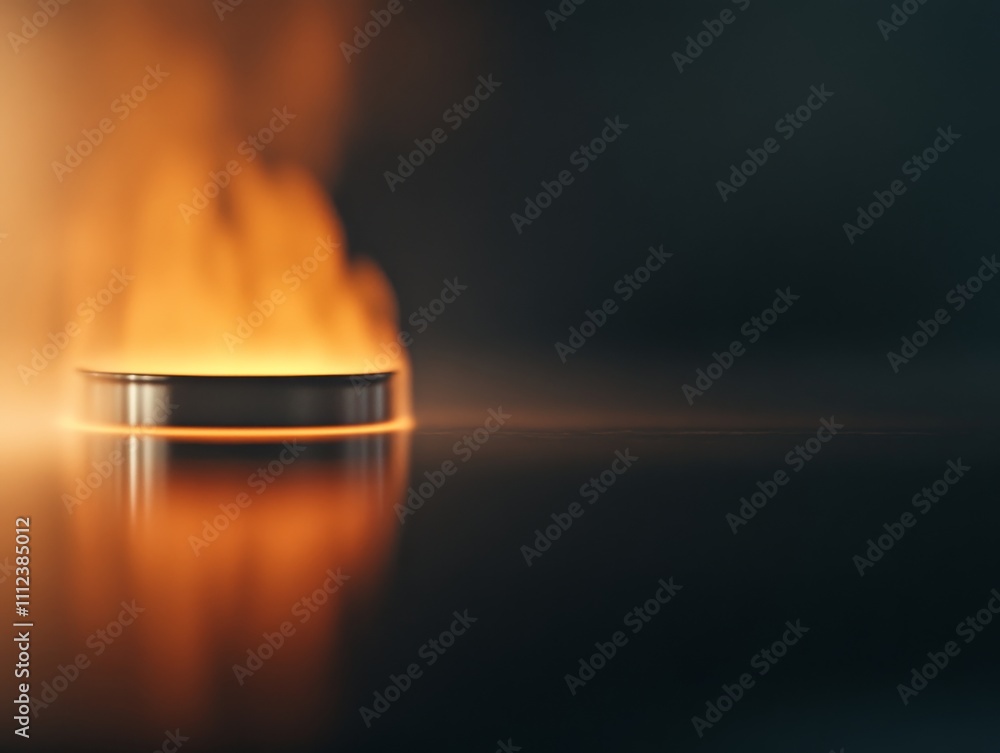 Poster a single flame rises gracefully, casting warm orange reflections on a smooth surface below, creating