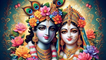 Floral Divinity Krishna and Radha’s Portrait Infused with Color and Grace